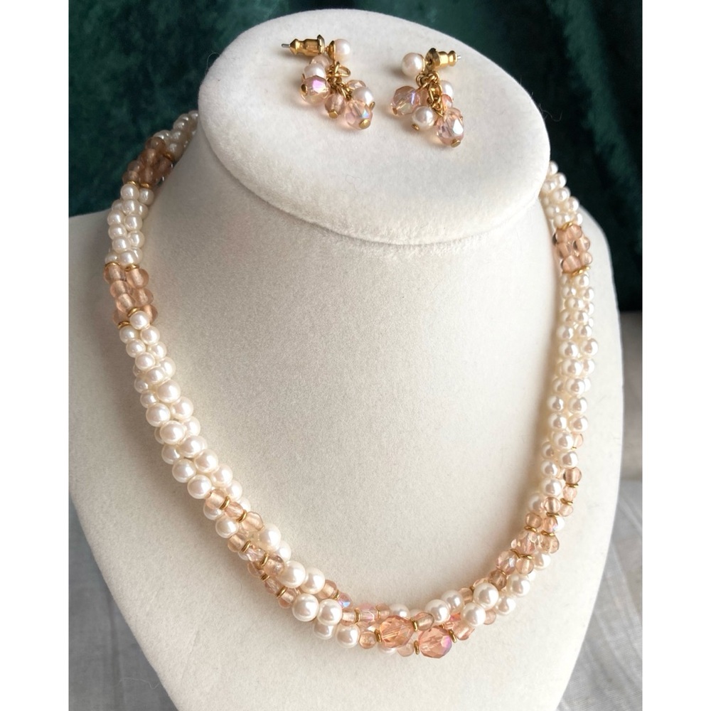 Signed Napier Set Faux Pearl & AB Necklace & Earrings